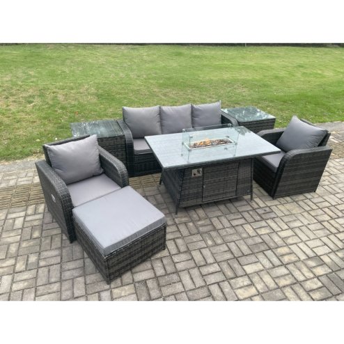 Fimous Wicker Rattan Garden Furniture Sofa Set Gas Fire Pit Dining Table Indoor Outdoor with 2 Side Tables Chair Footstool