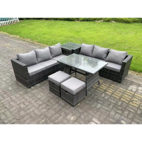 Fimous 8 Seater Wicker PE Rattan Garden Dining Set Outdoor Furniture Sofa with Side Table Dining Table Stools Dark Grey Mixed