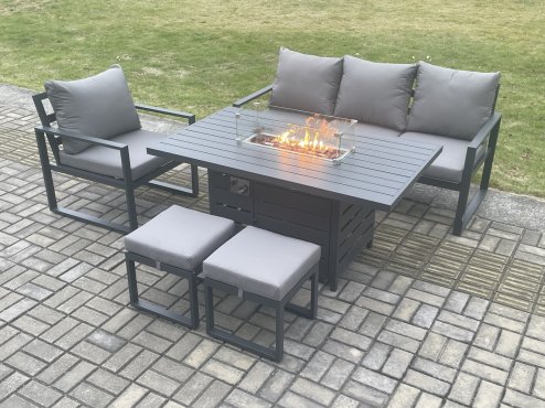 Fimous Aluminium Outdoor Garden Furniture Set Gas Fire Pit Dining Table Set Gas Heater Burner with 2 Small Footstools Dark Grey 6 Seater