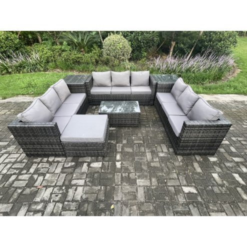 Fimous 10 Seater Outdoor Lounge Sofa Set Wicker PE Rattan Garden Furniture Set with Oblong Coffee Table 2 Side Tables Big Footstool Dark Grey Mixed