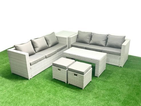 Fimous 8 Seater Garden Outdoor Rattan Furniture Set Rattan Garden Sofa Oblong Coffee Table with 2 Small Footstool Side Table Light Grey Mixed Image