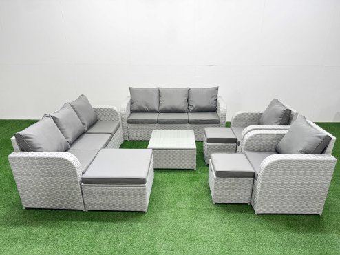Fimous PE Rattan High Back Lounge Sofa Set Patio Square Coffee Table & Chairs Set with 3 Seater Sofa Reclining Chair 3 Stools Light Grey