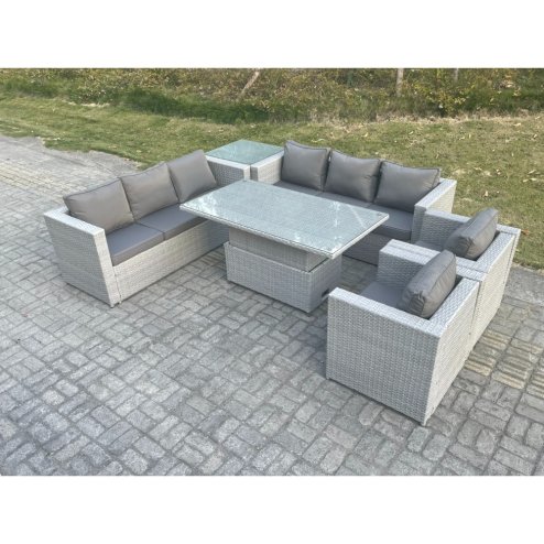Fimous Rattan Garden Funiture Set Height Adjustable Rising Lifting Table Sofa Dining Set Lounge Sofa 2 Arm Chair Side Table