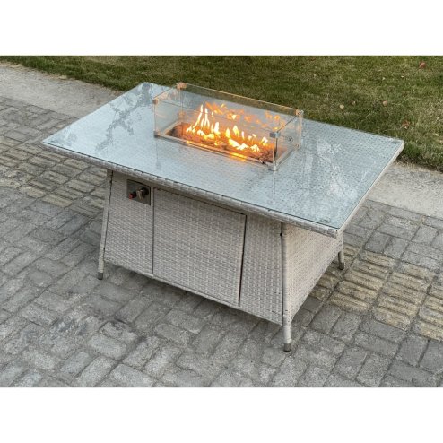 Fimous Light Grey Rattan Fire Pit Garden Furniture Set Gas Heater Burner Lounge Sofa Dining Set Coffee Table Chairs Footstool
