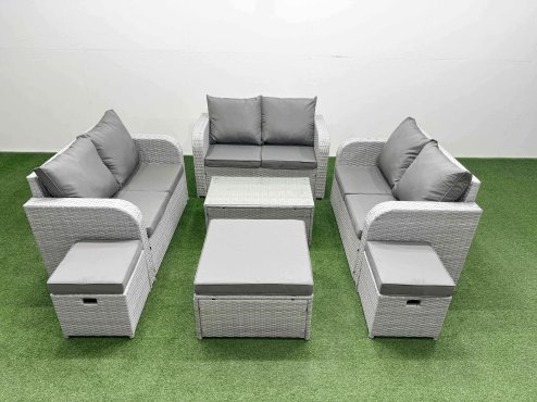 Fimous 9 Seater PE Wicker Rattan Furniture Sofa Sets with Rectangular Coffee Table 2 Seater Love Sofa 3 Stool Light Grey