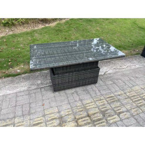 Fimous 11 Seater Outdoor Rattan Garden Furniture Sofa Set Patio Adjustable Rising Lifting Dining Table Set with Side Table 2 Big Footstools Dark Grey Mixed