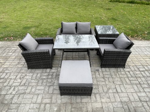 Fimous Outdoor Garden Furniture High Back Rattan Sofa Dining Table Set with Big Footstool Side Table Dark Grey Mixed