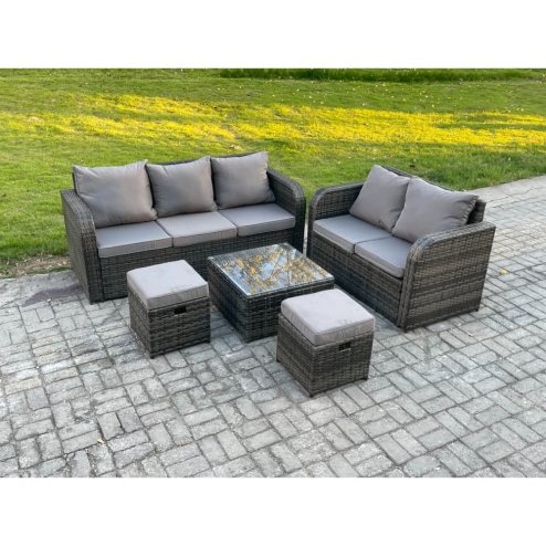 Fimous PE Rattan Garden Furniture Sets 7 Seater Outdoor Lounge Sofa Set Square Coffee Table 2 Small Footstools