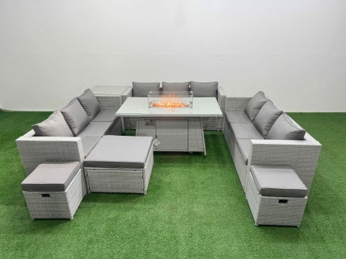 Fimous PE Rattan Lounge Sofa Set Outdoor Garden Furniture Set with Firepit Dining Table 3 Seater Sofa Side Table 3 Stools Light Grey