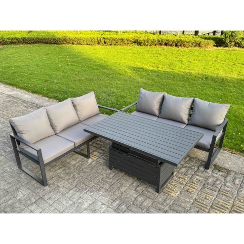 Fimous Aluminium Garden Furniture Sets 9 Seater Outdoor Sofa Set with Adjustable Rising Lifting Dining Table 2 Chairs 4 Footstools 2 Side Tables