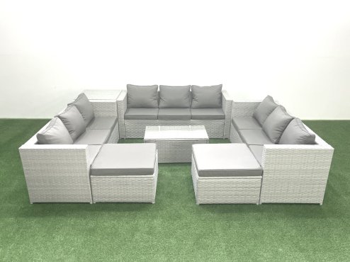 Fimous Rattan Garden Outdoor Furniture Set 11 Seater Garden Sofa Coffee Table Set with 2 Big Footstools Side Table Light Grey Mixed