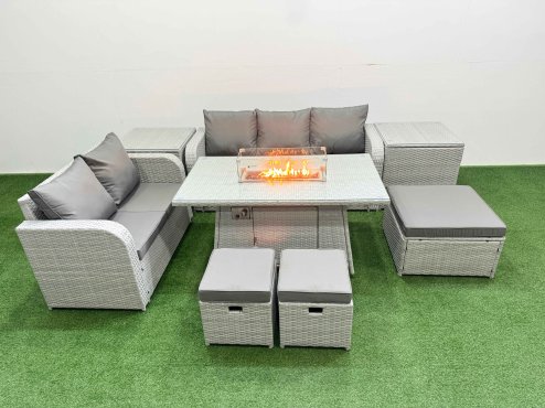 Fimous 8 Seater PE Rattan Wicker Garden Furniture Patio Conservatory Sofa Set with Firepit Dining Table 3 Seater Sofa Love Sofa 3 Stool 2 Side Table