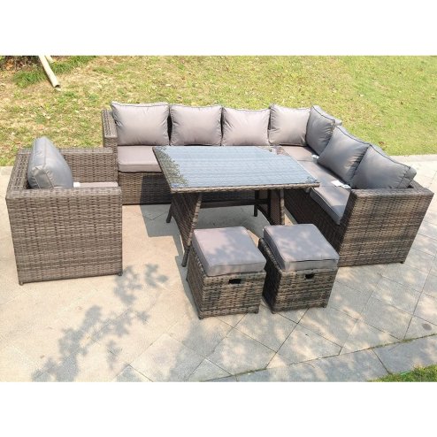 Fimous 9 Seater Grey Rattan Corner Sofa Set Dining Table Armchair Foot Rest Garden Furniture Outdoor