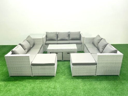 Fimous Outdoor Rattan Garden Furniture Set with Grey Cushions Luxury 13 Seater with Coffee Table and Side Table For Conservatory,Patio