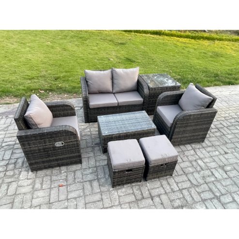 Fimous Wicker PE Rattan Outdoor Furniture Set Garden Love Sofa Coffee Table 2 Armchair Side Table 2 Small Footstools Dark Grey Mixed