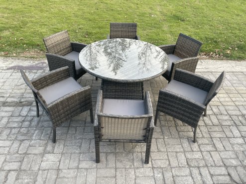 Fimous Wicker PE Outdoor Rattan Garden Furniture Arm Chair And Table Dining Sets 6 Seater Large Round Table Dark Grey Mixed