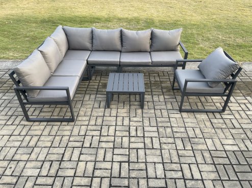 Fimous Aluminium Garden Furniture Set Outdoor Lounge Corner Sofa Chair Square Coffee Table Sets Dark Grey 7 Seater