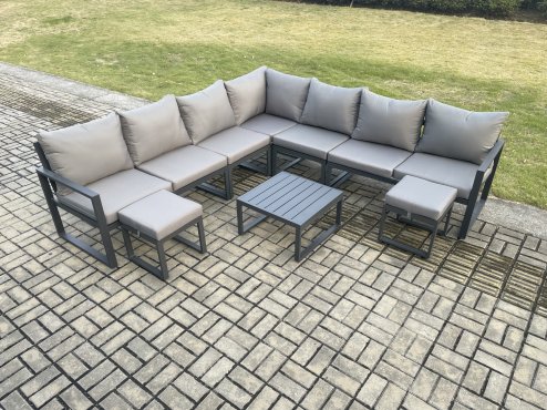 Fimous Outdoor Garden Furniture Patio Lounge Corner Sofa Aluminium Set with Square Coffee Table 2 Small Footstools Dark Grey