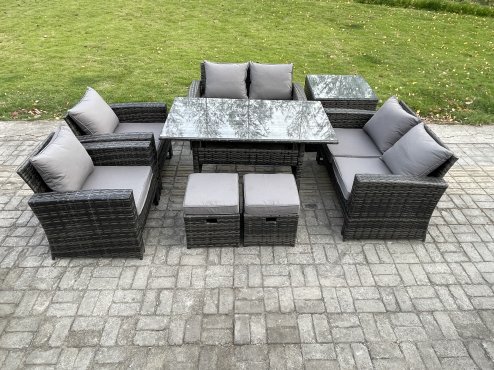 Fimous Rattan Garden Furniture Set 8 Seater Patio Outdoor Lounge Sofa Set with Oblong Dining Table Double Seat Sofa Side Table 2 Small Footstools Dark Grey Mixed
