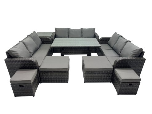 Fimous 13 Seater Garden Outdoor Rattan Furniture Set Rattan Sofa Oblong Dining Table with Side Table 4 Footstools Dark Grey