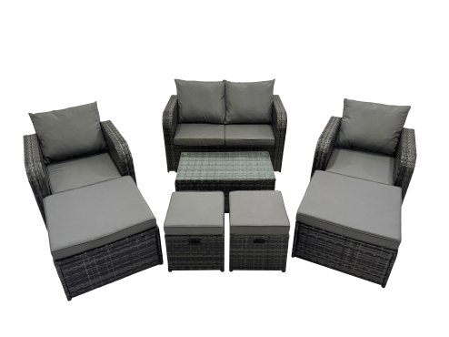 Fimous Outdoor Love Sofa Reclining Chair Coffee Table Set Garden Rattan Furniture Set 8 Seater with 4 Stools Dark Grey