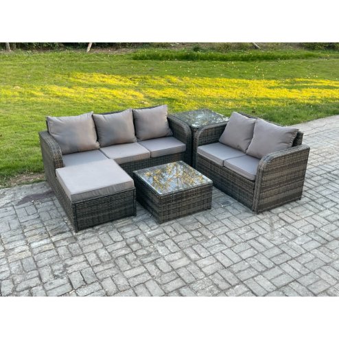 Fimous PE Rattan Garden Furniture Sets 6 Seater Outdoor Lounge Sofa Set Square Coffee Table Big Footstool Side Table