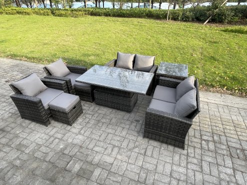 Fimous Rattan Garden Furniture Sets 8 Seater Patio Outdoor Rising Lifting Table Sofa Set with Double Seat Sofa Side Table 2 Small Footstools Dark Grey Mixed