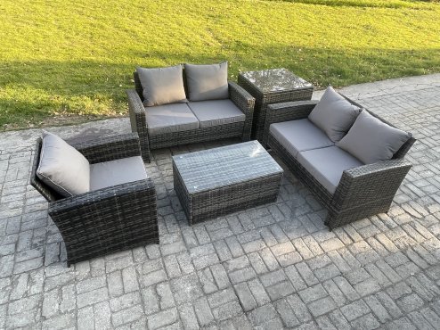 Fimous Wicker Rattan Garden Furniture Sofa Set with Rectangular Coffee Table Double Seat Sofa Chair Side Table 5 Seater Outdoor Rattan Set Dark Grey Mixed