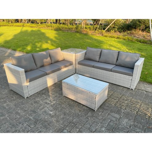 Fimous Light Grey Outdoor Rattan Garden Furniture Set Corner Sofa With 2 Coffee Table