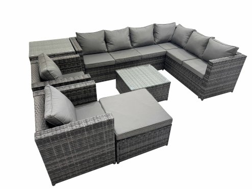 Fimous Outdoor PE Rattan Garden Furniture Sofa Set with Square Coffee Table Big Stool Side Table 2 Chair Dark Grey