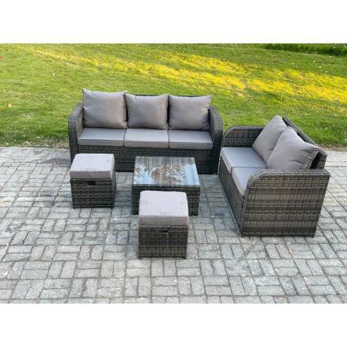 Fimous PE Rattan Garden Furniture Sets 7 Seater Outdoor Lounge Sofa Set Square Coffee Table 2 Small Footstools