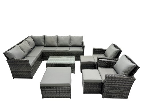 Fimous 11 Seat Poly Rattan Outdoor Patio Coffee Table Corner Sofa Set with 3 Stools 2 Chairs for Garden Backyard Dark Grey Mixed