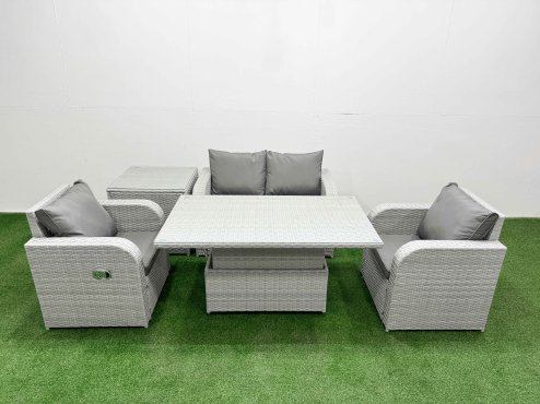 Fimous Light Grey PE Wicker Rattan Garden Furniture Set Sofa Set Reclining Chair Adjustable Lifting Dining or Coffee Table 4 Seater With Side Table Image