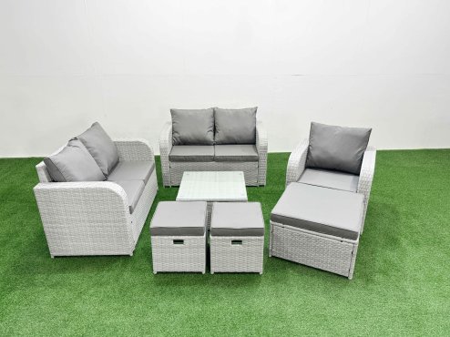 Fimous High Back Poly Rattan Garden Furniture Set with Reclining Chair Loveseat Sofa Square Coffee Table Indoor Outdoor Patio Set 3 Stools Light Grey Image