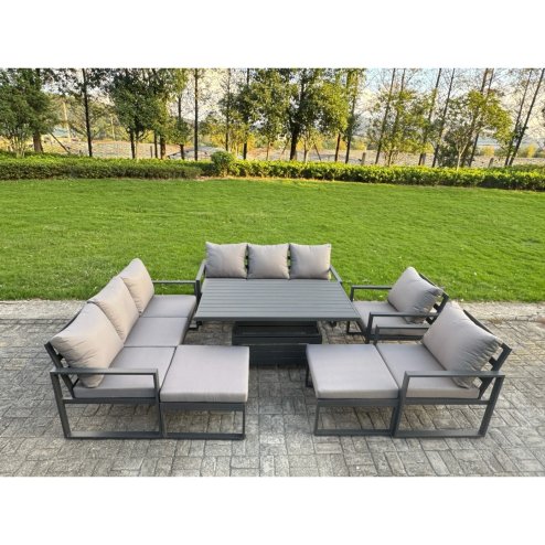 Fimous 9 Piece Garden Furniture Set 10-Seater Aluminium Outdoor Dining Set with Adjustable Rising Lifting Dining Table & Cushions 2 Side Tables Dark Grey
