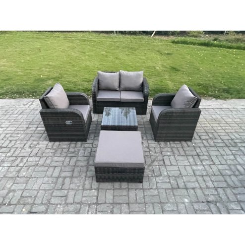 Fimous Wicker PE Rattan Garden Furniture Set Outdoor Lounge Sofa Set with Love Sofa Square Coffee Table Big Footstool Dark Grey Mixed