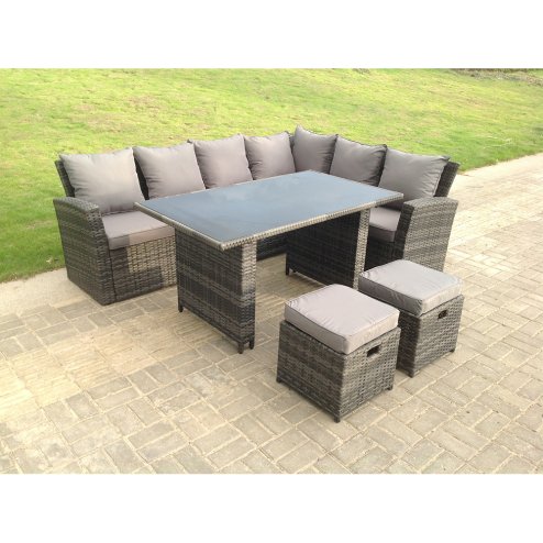 Fimous High Back Grey Mixed Rattan Corner Sofa Dining Set Table With Stools 8 Seater right corner