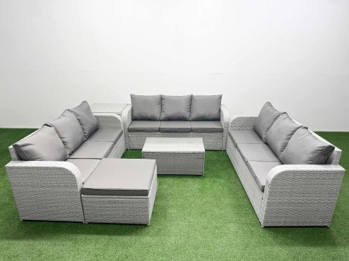 Fimous PE Rattan Lounge Sofa Set 10 Seater Outdoor Garden Furniture Set with Rectangular Coffee Table 3 Seater Sofa Big Footstool Side Table Light Grey Image