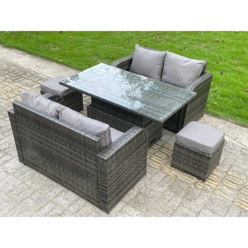 Fimous PE Rattan Garden Furniture Sofa Set Dining Table Height Adjustable Rising lifting Table Two Seater Double Love Sofa