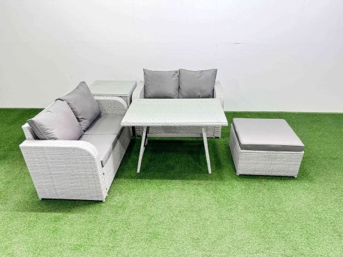 Fimous 5 Seater Outdoor Love Sofa Set Rattan Garden Furniture Set with Rectangular Dining Table Side Table Big Footstool Light Grey
