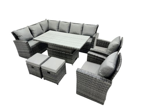 Fimous Poly Rattan Outdoor Patio Height Adjustable Rising Lifting Table Corner Sofa Set with 2 Small Stool,2 Chairs for Garden Backyard Dark Grey Mixed