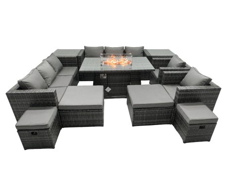 Fimous Rattan Garden Furniture Firepit Dining Set 12 Seater Lounge Sofa Table Set with 2 side table 2 big Footstool