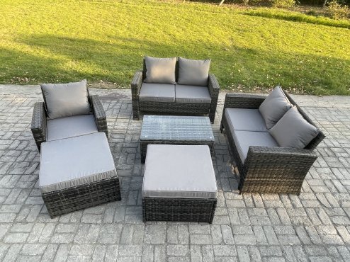 Fimous Outdoor Rattan Garden Furniture Set 7 Seater Patio Lounge Sofa Set with Coffee Table 2 Big Footstool Dark Grey Mixed