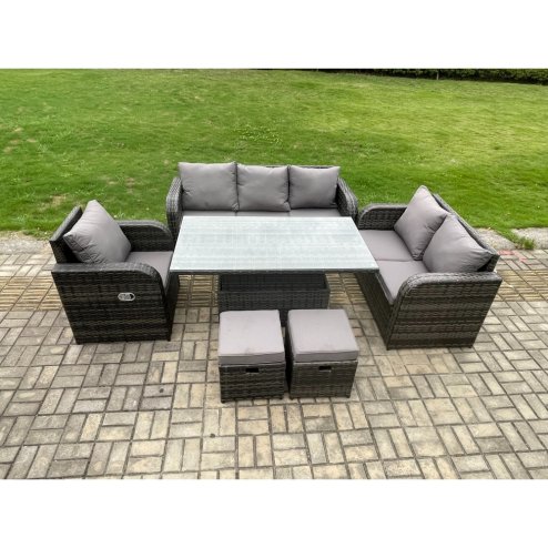 Fimous Outdoor Rattan Furniture Garden Dining Set Patio Height Adjustable Rising lifting Table Reclining Chair Sofa With 2 Small Footstools Dark Grey Mixed