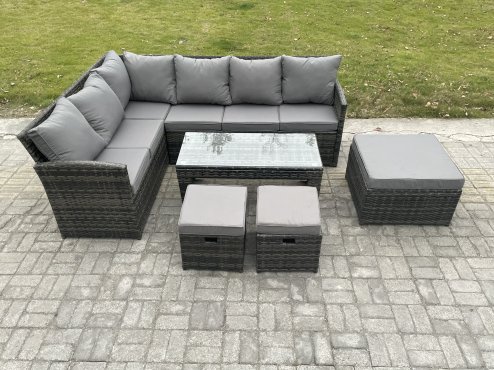 Fimous 9 Seater Outdoor Rattan Garden Furniture Set Corner Sofa Oblong Coffee Table Sets with Patio 3 Footstools Dark Grey Mixed