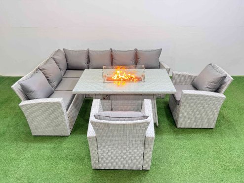 Fimous Rattan Corner Sofa Chair Set Outdoor Furniture Garden Dining Sets Gas Fire Pit Table with Temper Glass Light Grey Mixed