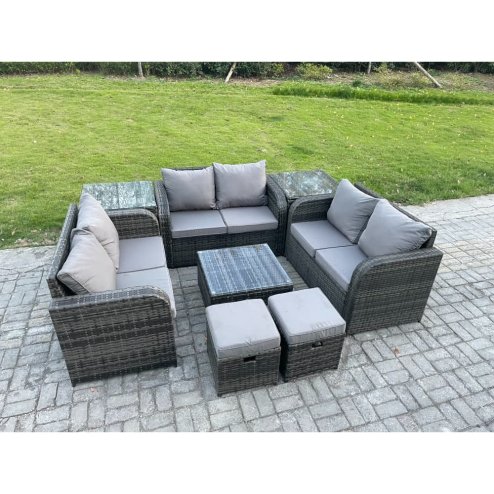 Fimous 8 Seater Outdoor Garden Furniture Sets Wicker Rattan Furniture Sofa Sets with Square Coffee Table Love seat Sofa 2 Small Footstools 2 Side Tables