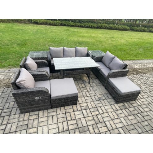 Fimous 9 Seater Garden Rattan Furniture Dining Table Sofa Set Indoor Outdoor with 2 Reclining Chairs 2 Side Tables 2 Big Footstool Dark Grey Mixed