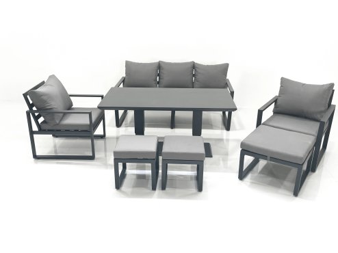 Fimous 8 Seater Aluminium Outdoor Garden Furniture Set with Adjustable Rising Lifting Dining Table 3 Seater Sofa 2 Chair 3 Footstool Dark Grey