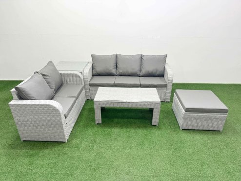 Fimous 6 Seater PE Rattan Wicker Garden Furniture Patio Conservatory Sofa Set with Oblong Coffee Table 3 Seater Sofa Love Sofa Big Footstool Side Table